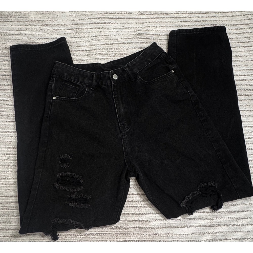 SHEIN Womens Distressed‎ Black Denim High Waisted Ripped Straight Leg Jeans